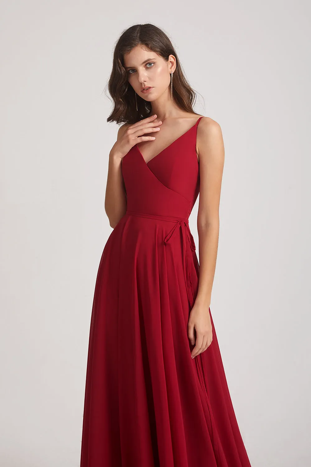 Pleated A-Line Spaghetti Straps V-Neck Chiffon Bridesmaid Dresses (AF0010)