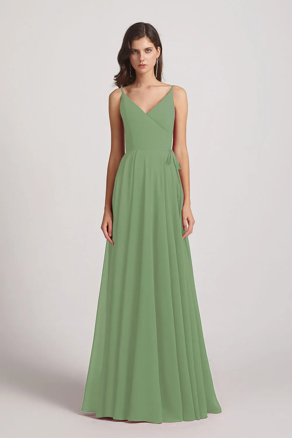 Pleated A-Line Spaghetti Straps V-Neck Chiffon Bridesmaid Dresses (AF0010)