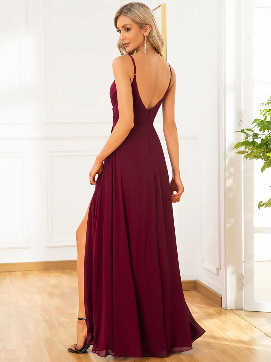 Pleated V-Neck Spaghetti Strap High Slit Bridesmaid Dress