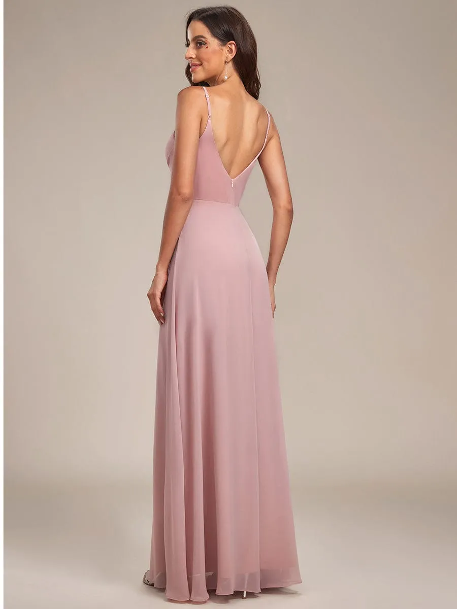 Pleated V-Neck Spaghetti Strap High Slit Bridesmaid Dress