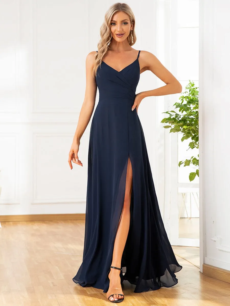 Pleated V-Neck Spaghetti Strap High Slit Bridesmaid Dress