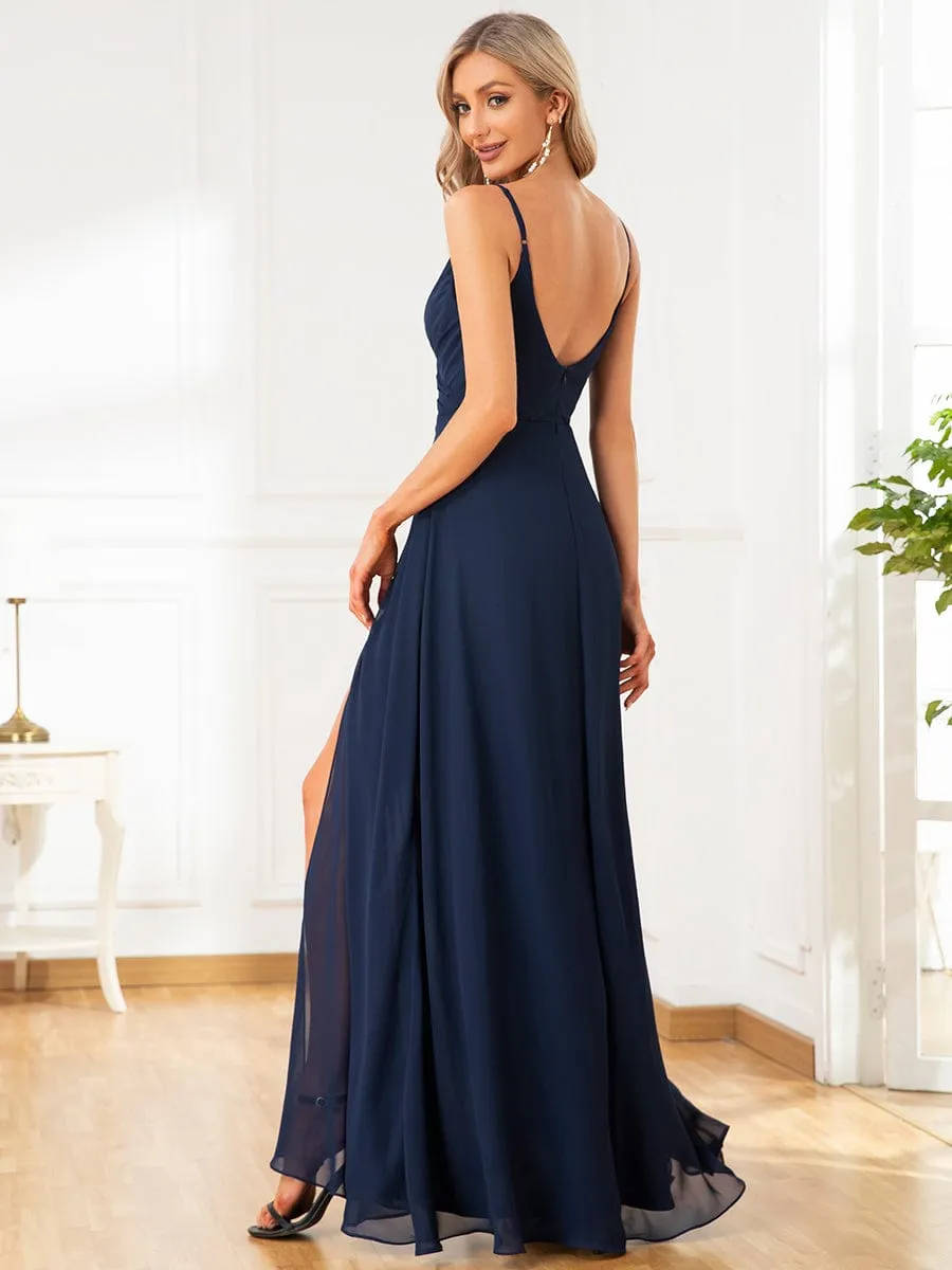 Pleated V-Neck Spaghetti Strap High Slit Bridesmaid Dress