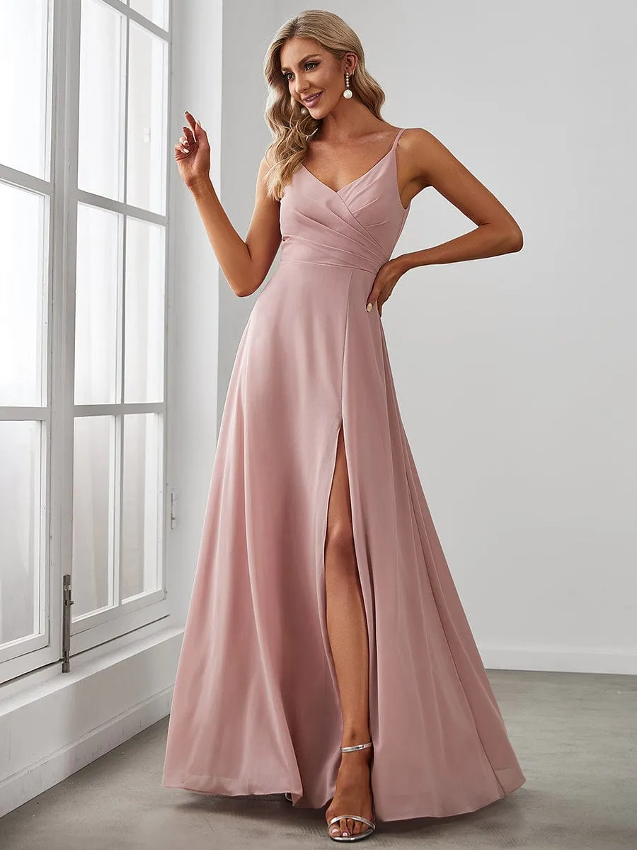 Pleated V-Neck Spaghetti Strap High Slit Bridesmaid Dress