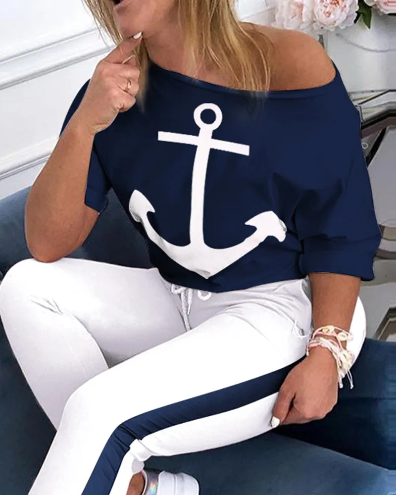 Printed anchor mid sleeve sports suit