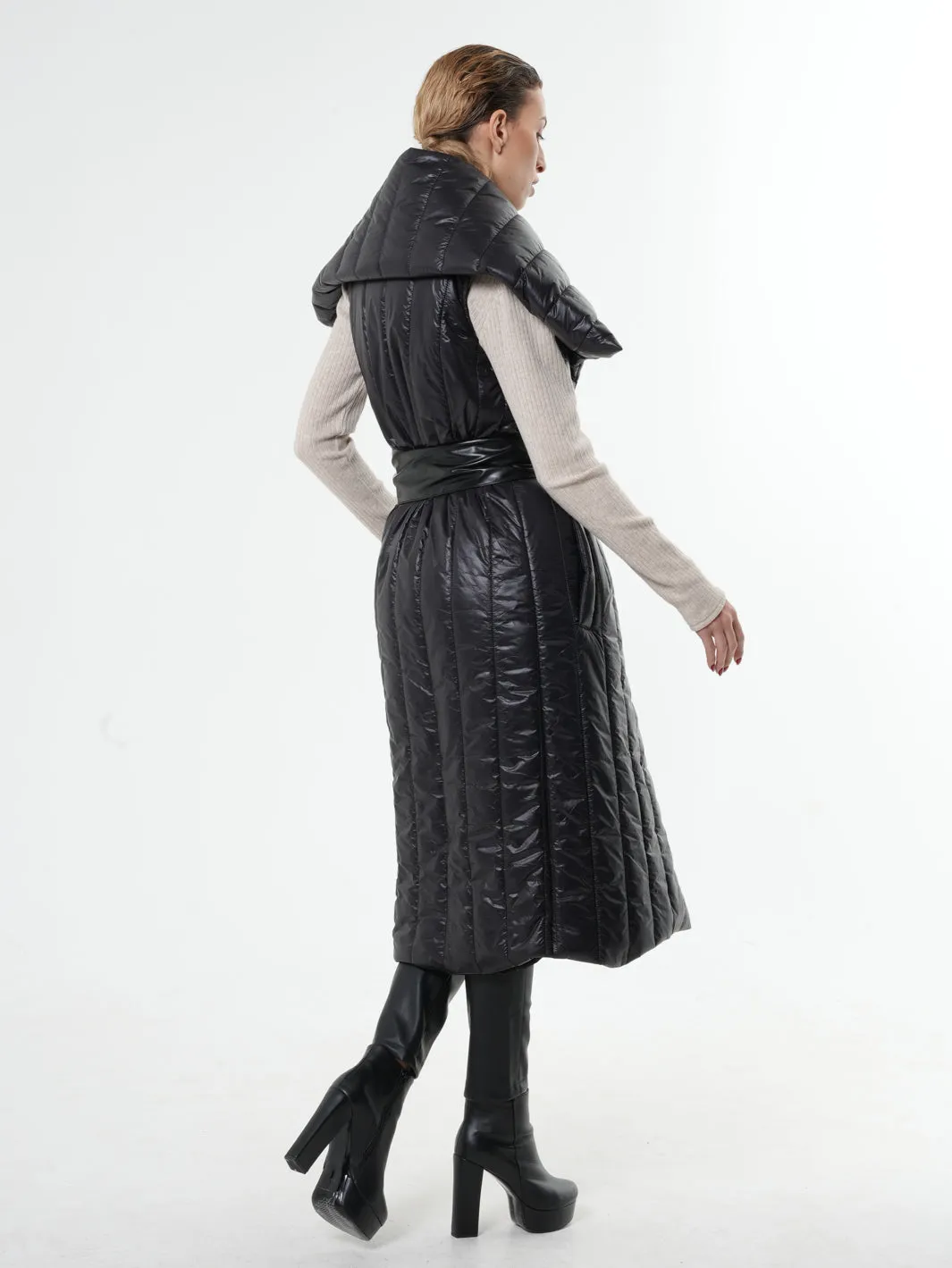 Shiny Black Long Puffer Vest