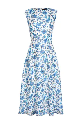 Sleeveless Midi Length Silk Dress in Ivory with Blue/Turquoise Florentine Floral Print - Lettie