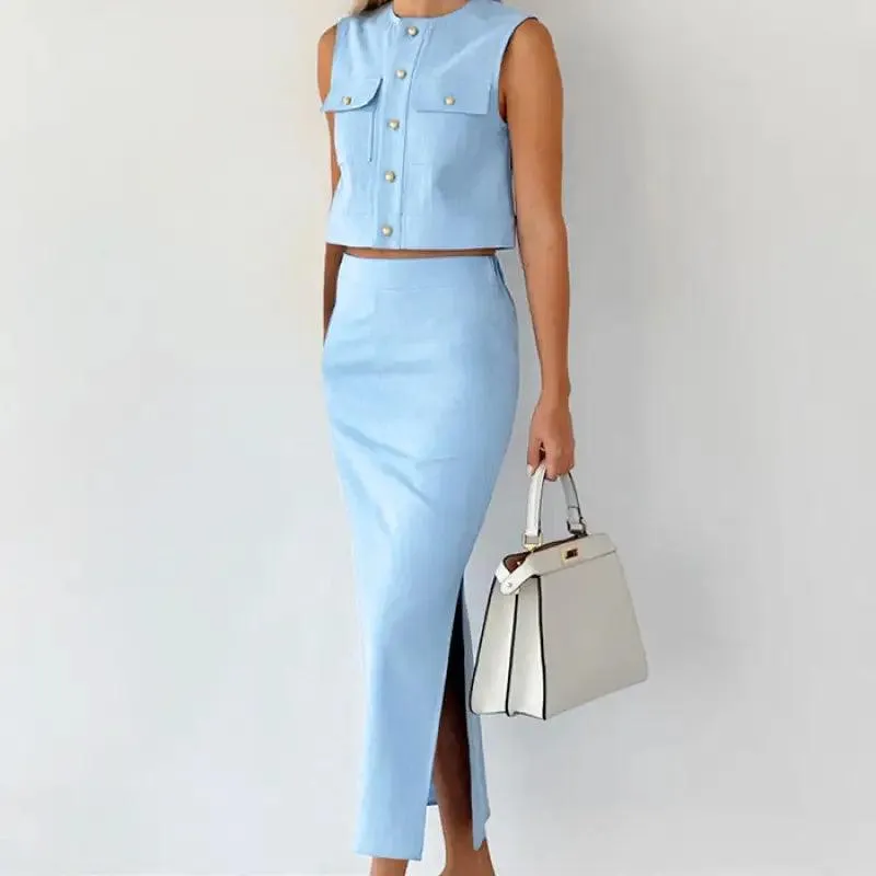 Slim Fit Sleeveless Top Straight Skirt Suit