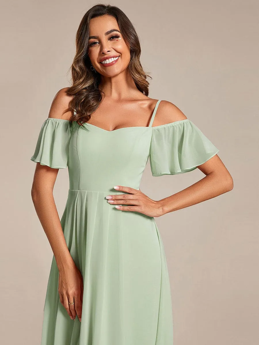 Spaghetti Strap Cold Shoulder Chiffon A-Line Midi Wedding Guest Dress