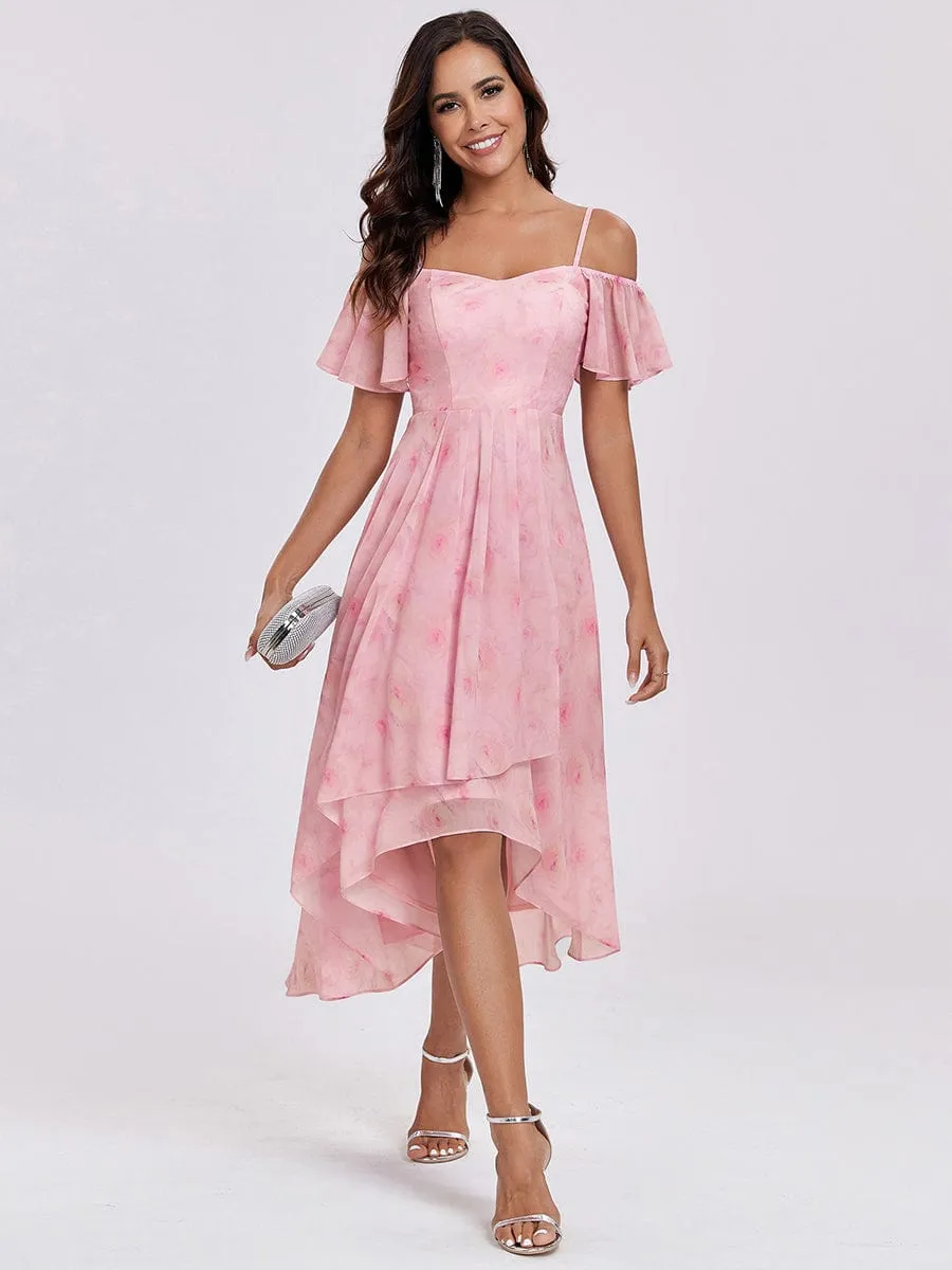 Spaghetti Strap Cold Shoulder Chiffon A-Line Midi Wedding Guest Dress