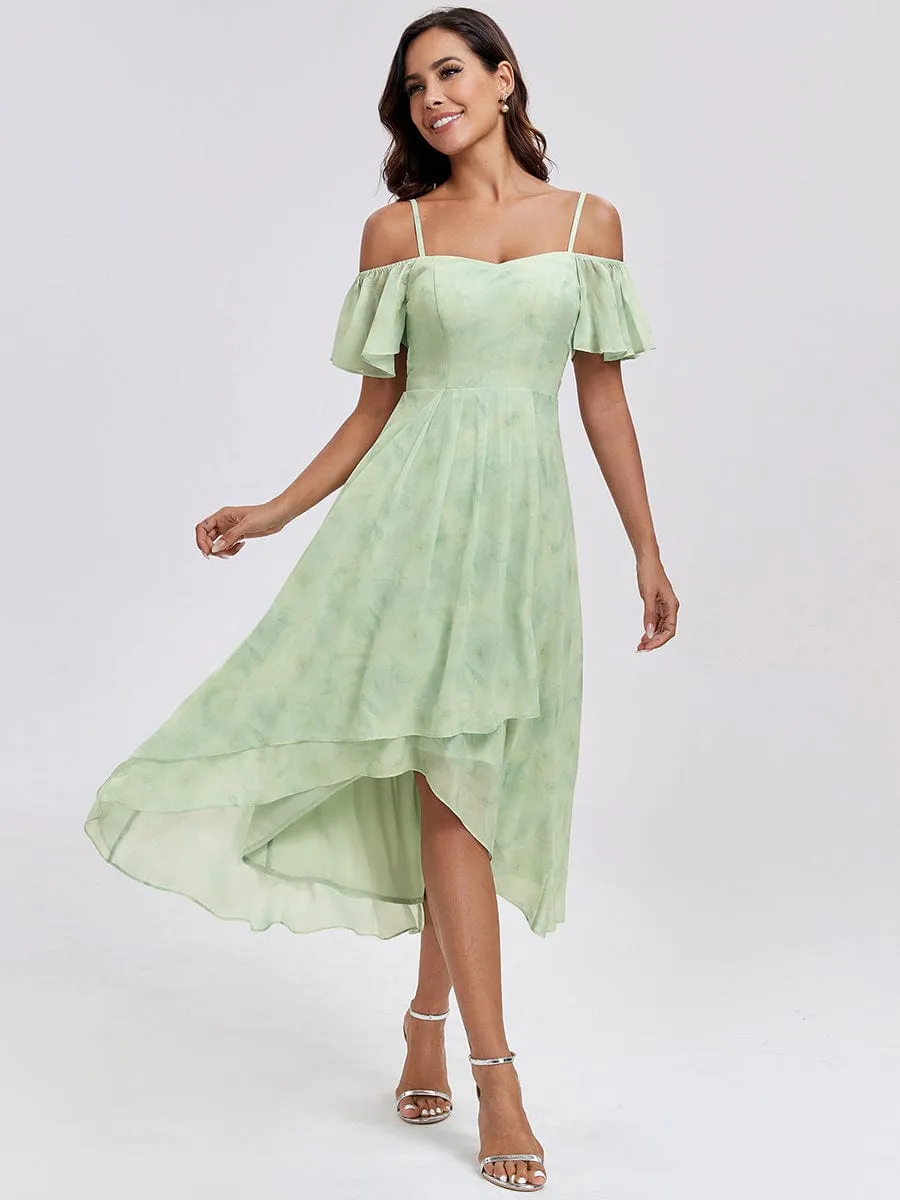 Spaghetti Strap Cold Shoulder Chiffon A-Line Midi Wedding Guest Dress