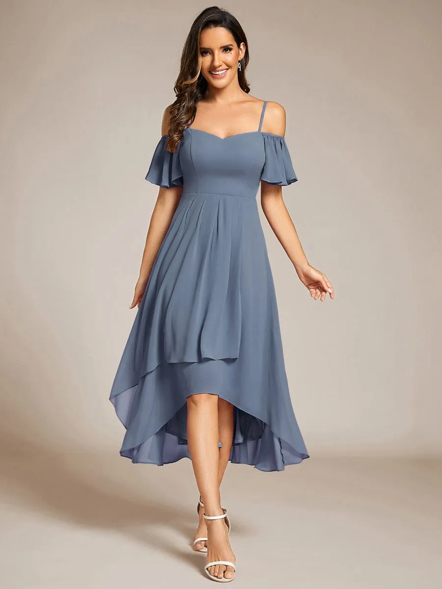 Spaghetti Strap Cold Shoulder Chiffon A-Line Midi Wedding Guest Dress