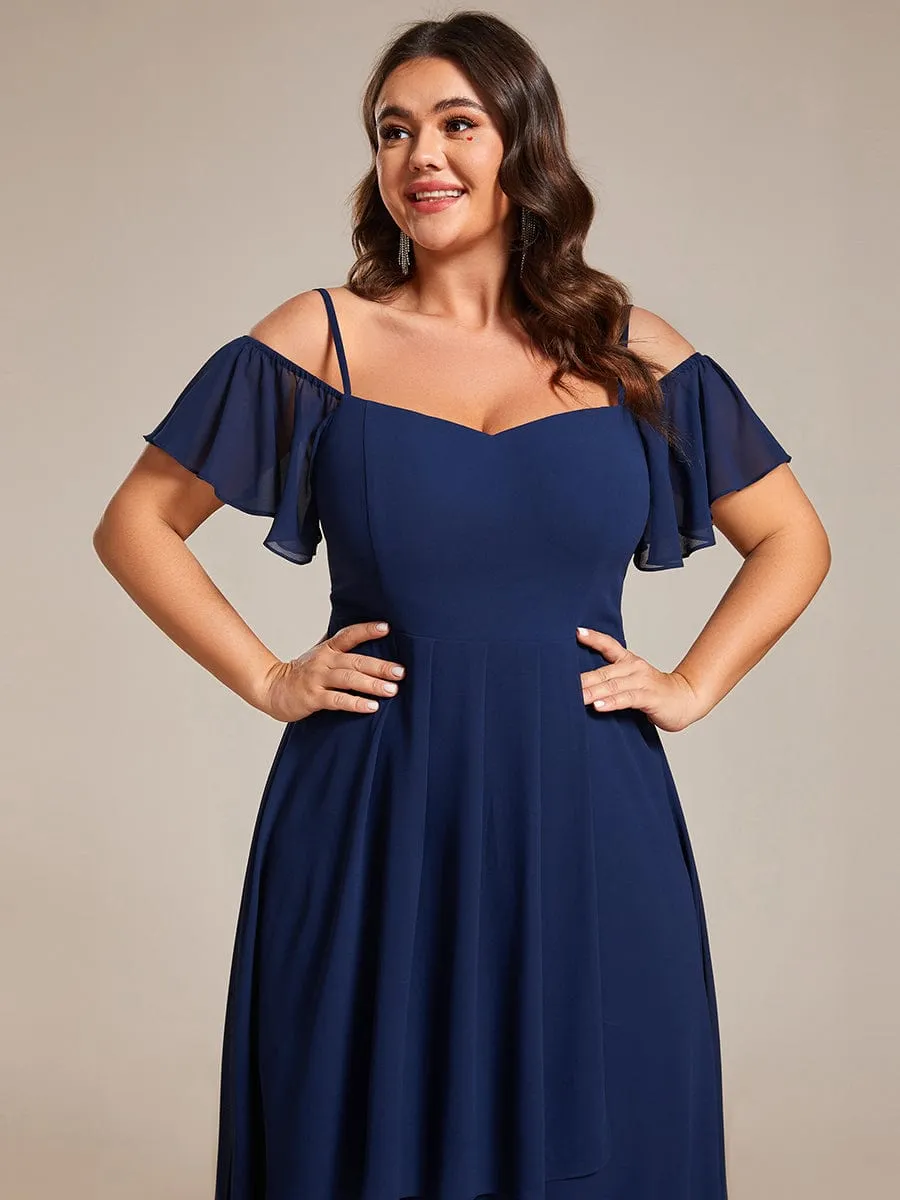 Spaghetti Strap Cold Shoulder Chiffon A-Line Midi Wedding Guest Dress