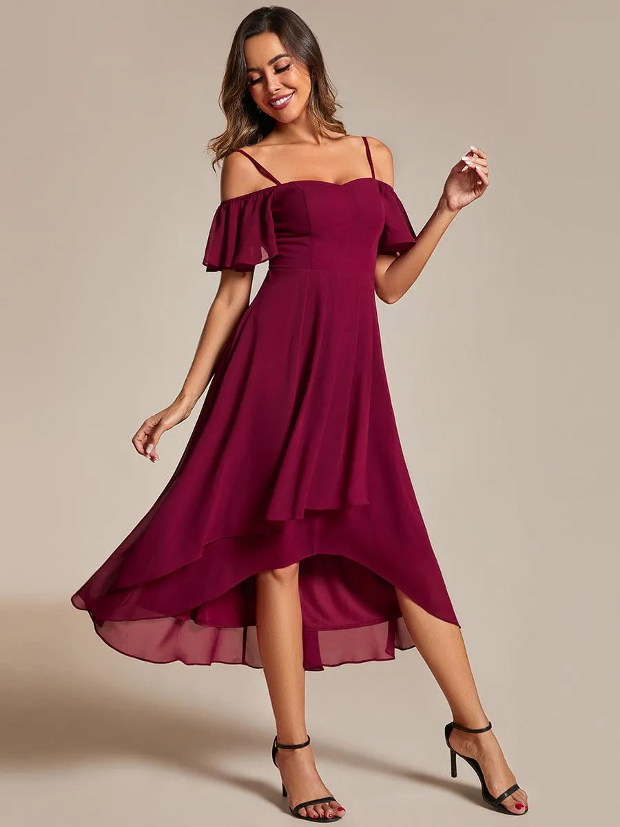 Spaghetti Strap Cold Shoulder Chiffon A-Line Midi Wedding Guest Dress