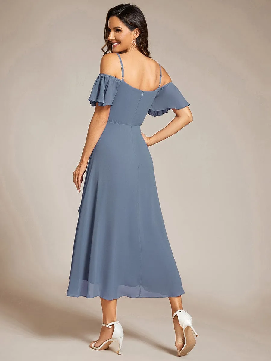 Spaghetti Strap Cold Shoulder Chiffon A-Line Midi Wedding Guest Dress