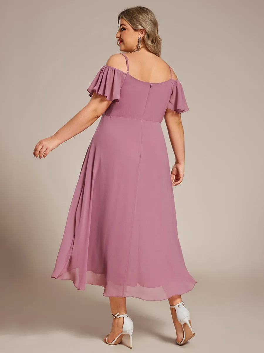 Spaghetti Strap Cold Shoulder Chiffon A-Line Midi Wedding Guest Dress