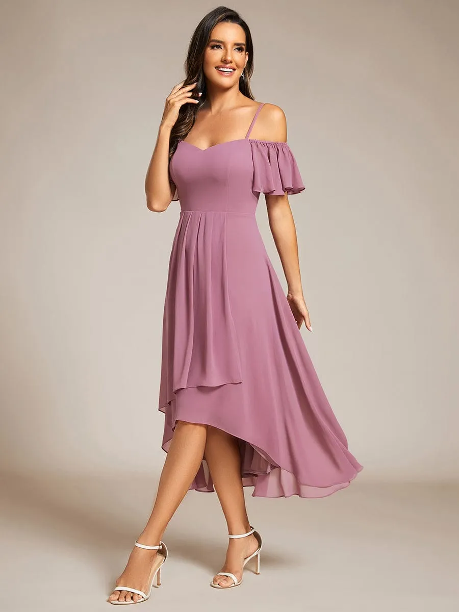 Spaghetti Strap Cold Shoulder Chiffon A-Line Midi Wedding Guest Dress