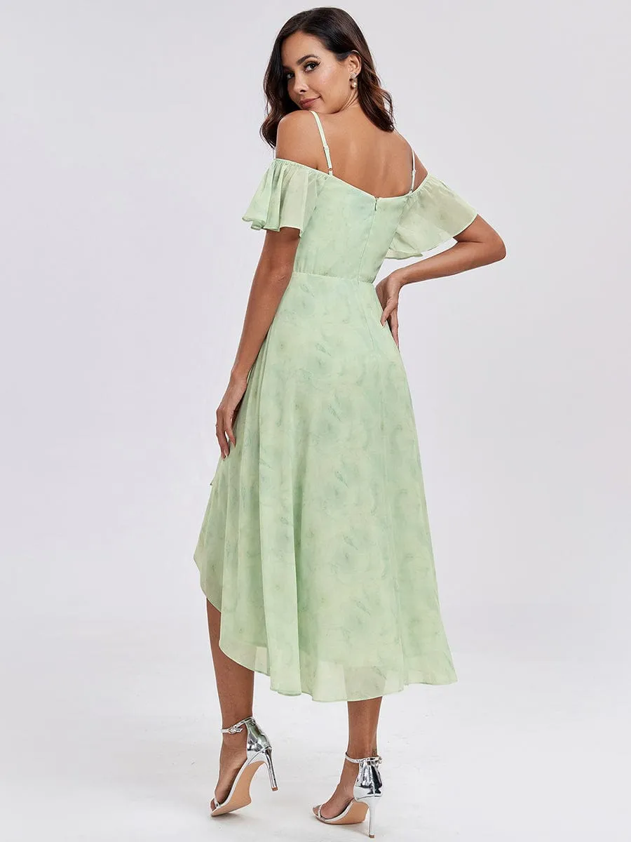 Spaghetti Strap Cold Shoulder Chiffon A-Line Midi Wedding Guest Dress