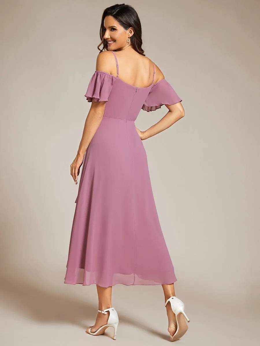 Spaghetti Strap Cold Shoulder Chiffon A-Line Midi Wedding Guest Dress