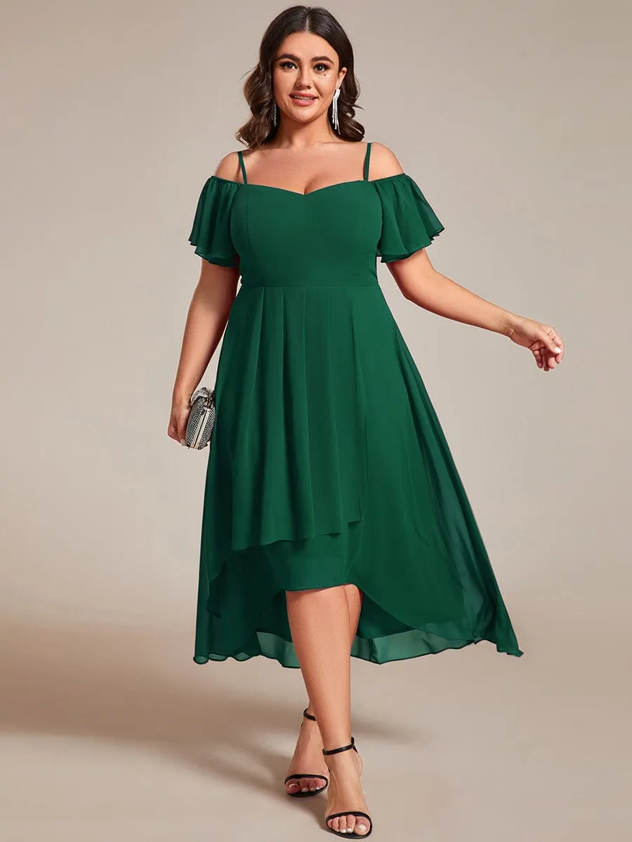 Spaghetti Strap Cold Shoulder Chiffon A-Line Midi Wedding Guest Dress