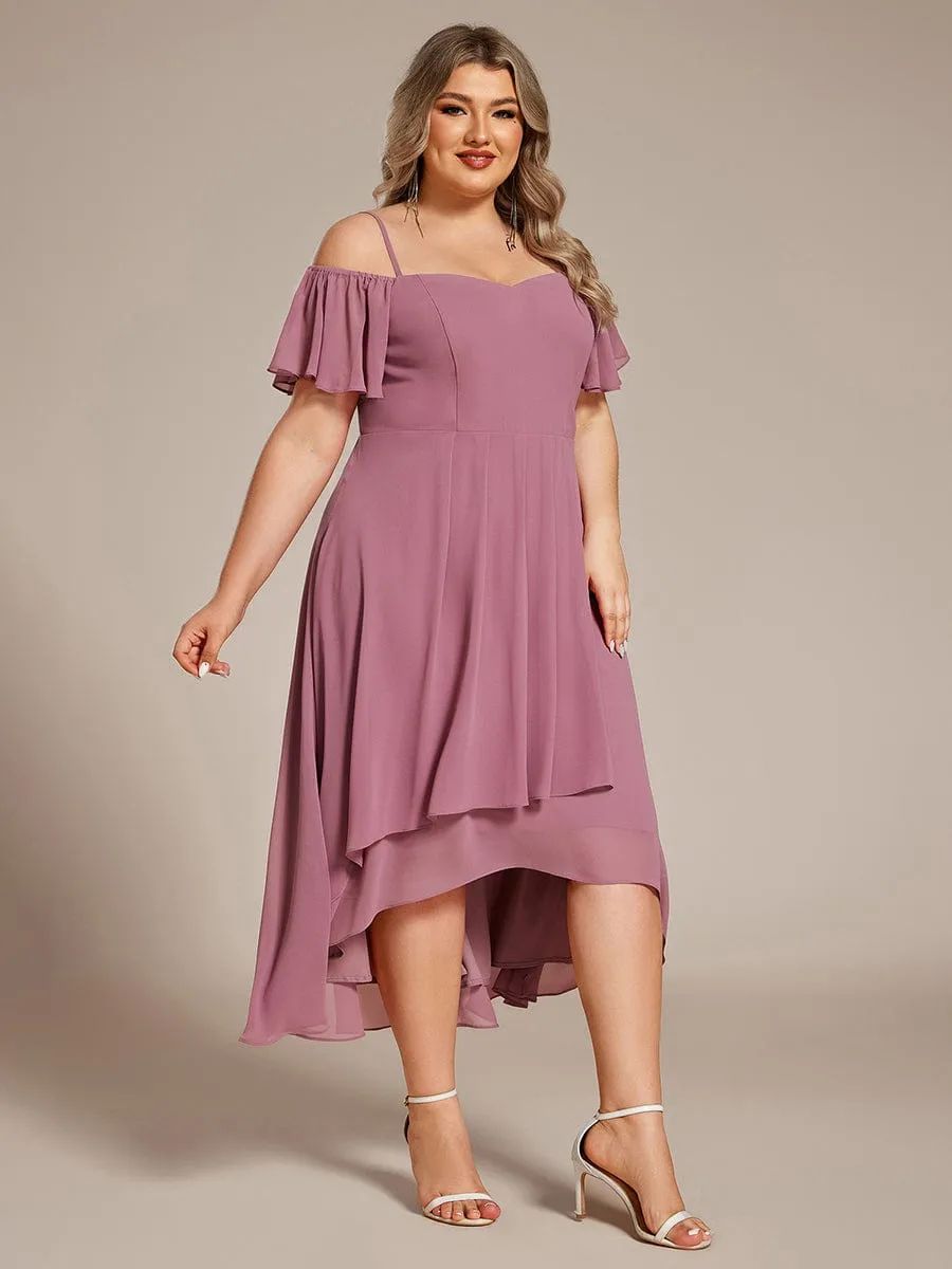 Spaghetti Strap Cold Shoulder Chiffon A-Line Midi Wedding Guest Dress