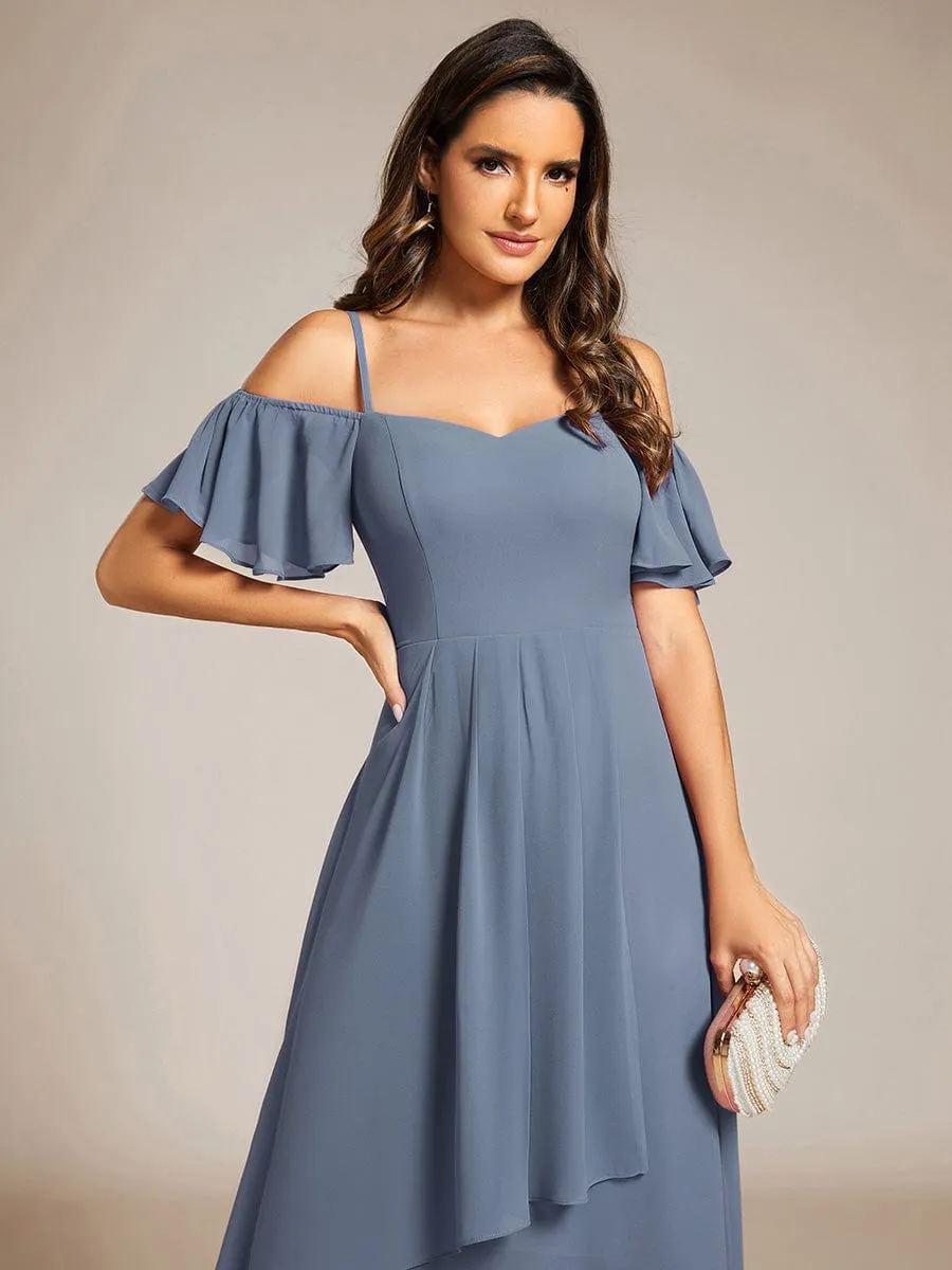 Spaghetti Strap Cold Shoulder Chiffon A-Line Midi Wedding Guest Dress