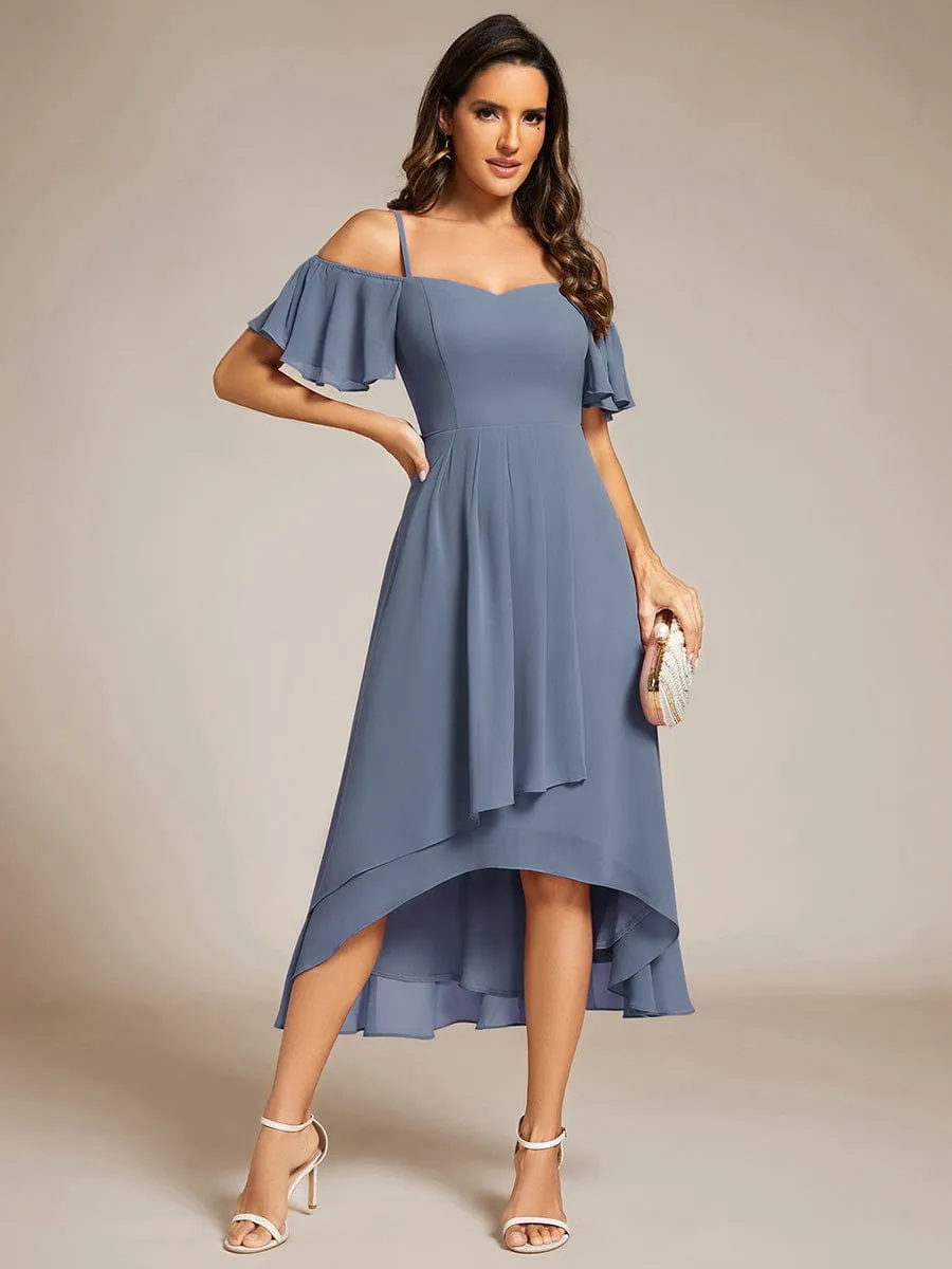 Spaghetti Strap Cold Shoulder Chiffon A-Line Midi Wedding Guest Dress