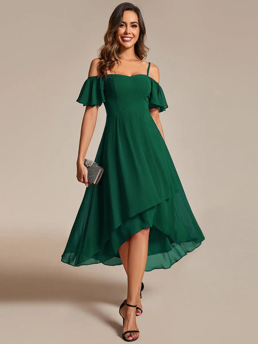 Spaghetti Strap Cold Shoulder Chiffon A-Line Midi Wedding Guest Dress