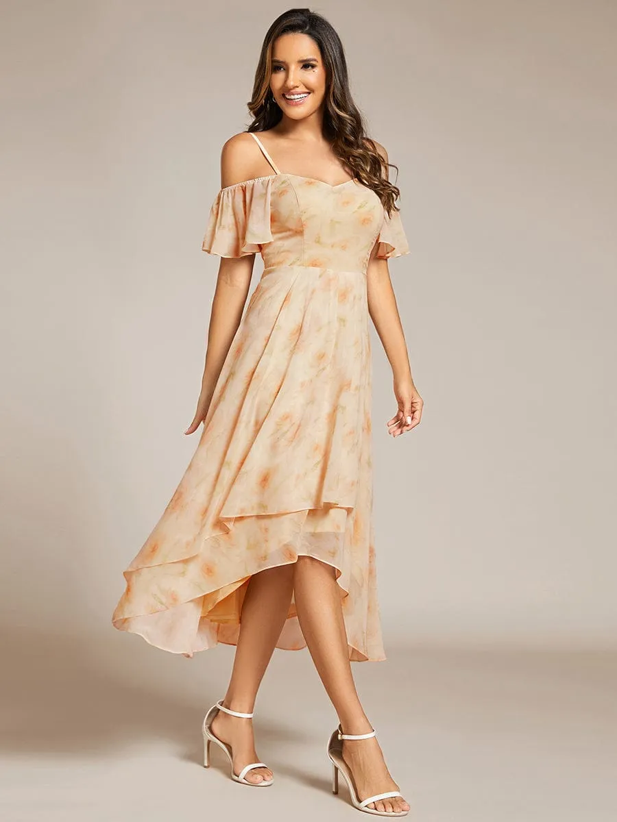 Spaghetti Strap Cold Shoulder Chiffon A-Line Midi Wedding Guest Dress