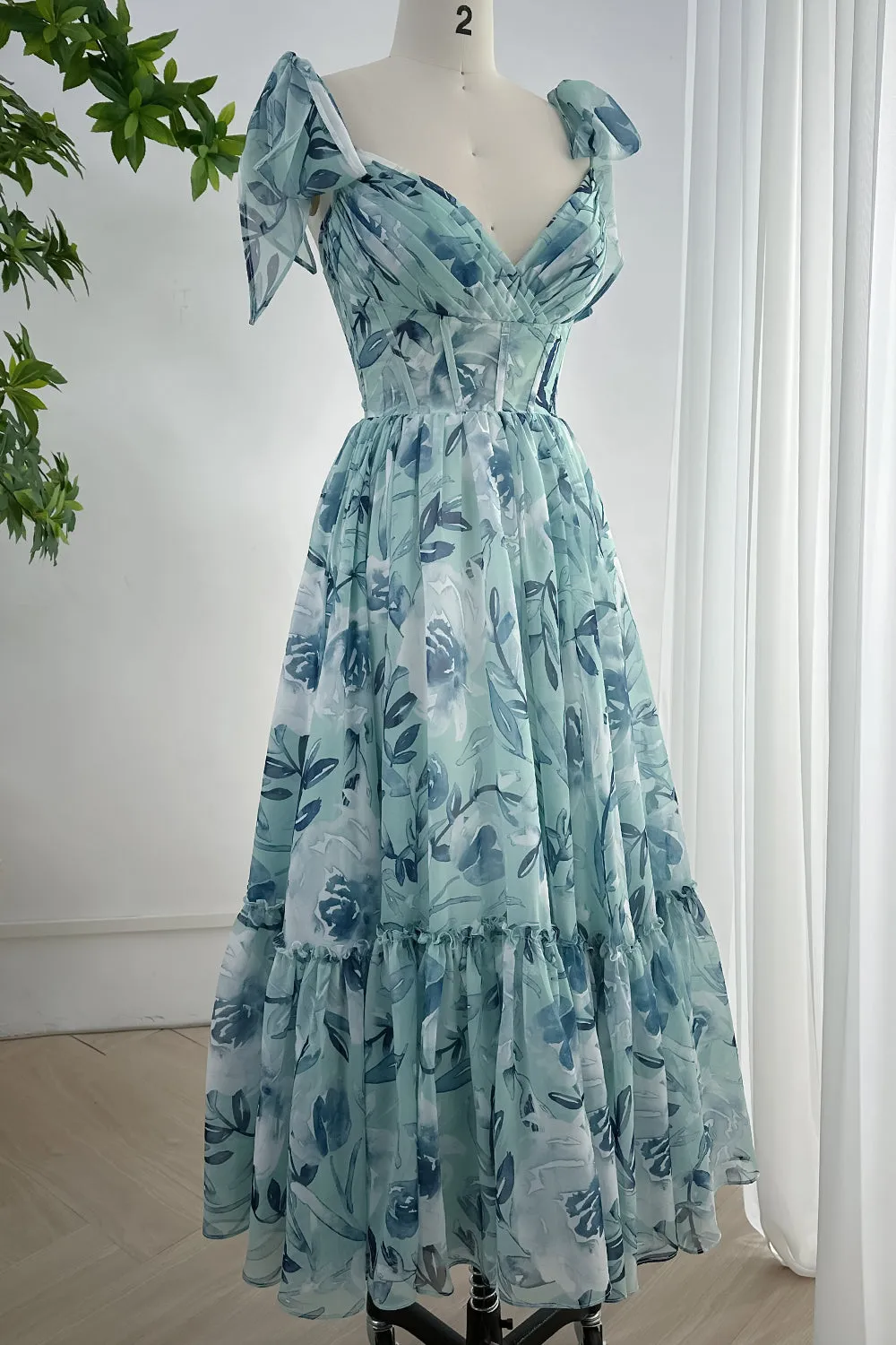 Spaghetti Straps Corset V Neck Floral Chiffon Tiered Dress