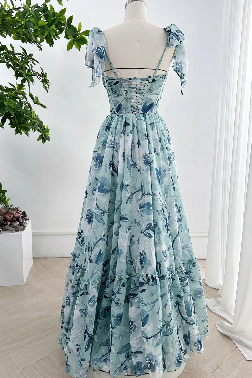 Spaghetti Straps Corset V Neck Floral Chiffon Tiered Dress