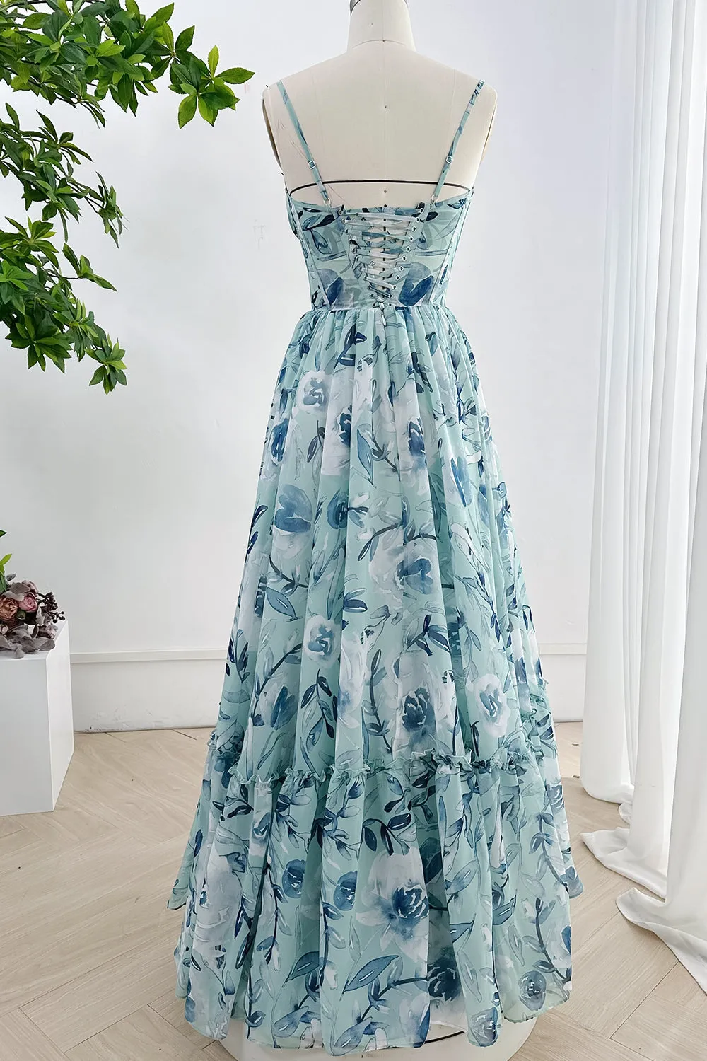 Spaghetti Straps Corset V Neck Floral Chiffon Tiered Dress