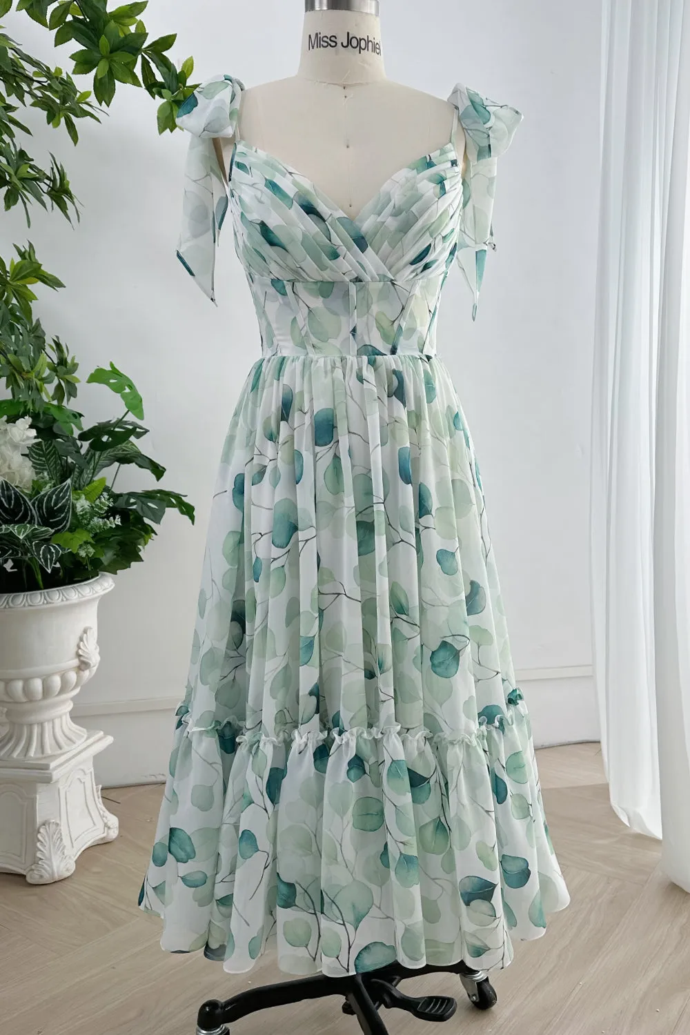 Spaghetti Straps Corset V Neck Floral Chiffon Tiered Dress