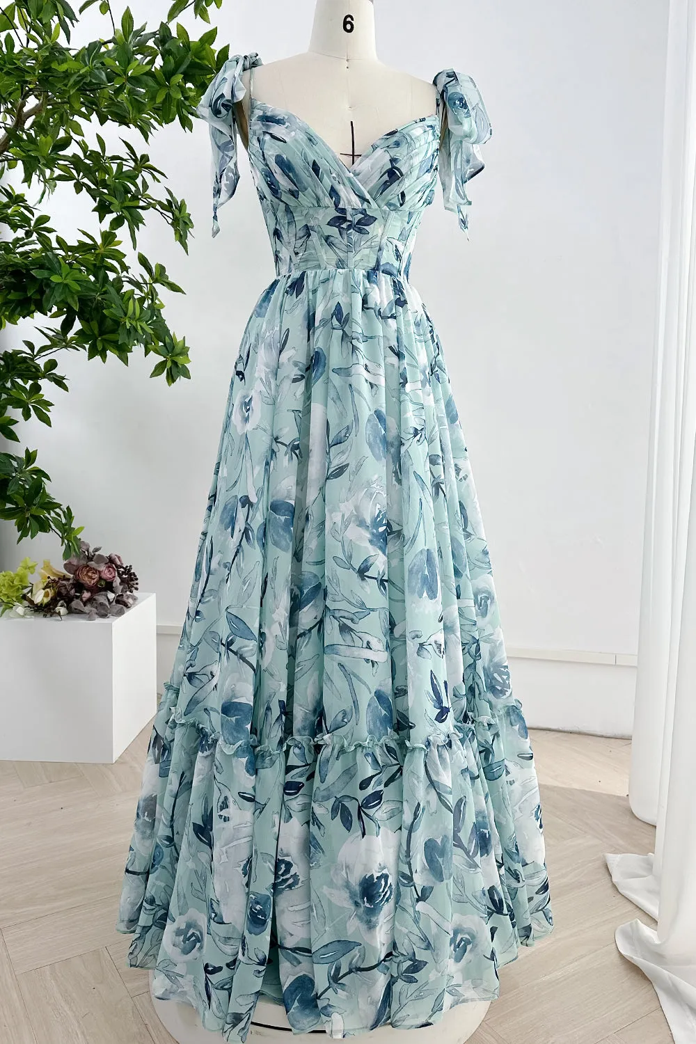 Spaghetti Straps Corset V Neck Floral Chiffon Tiered Dress