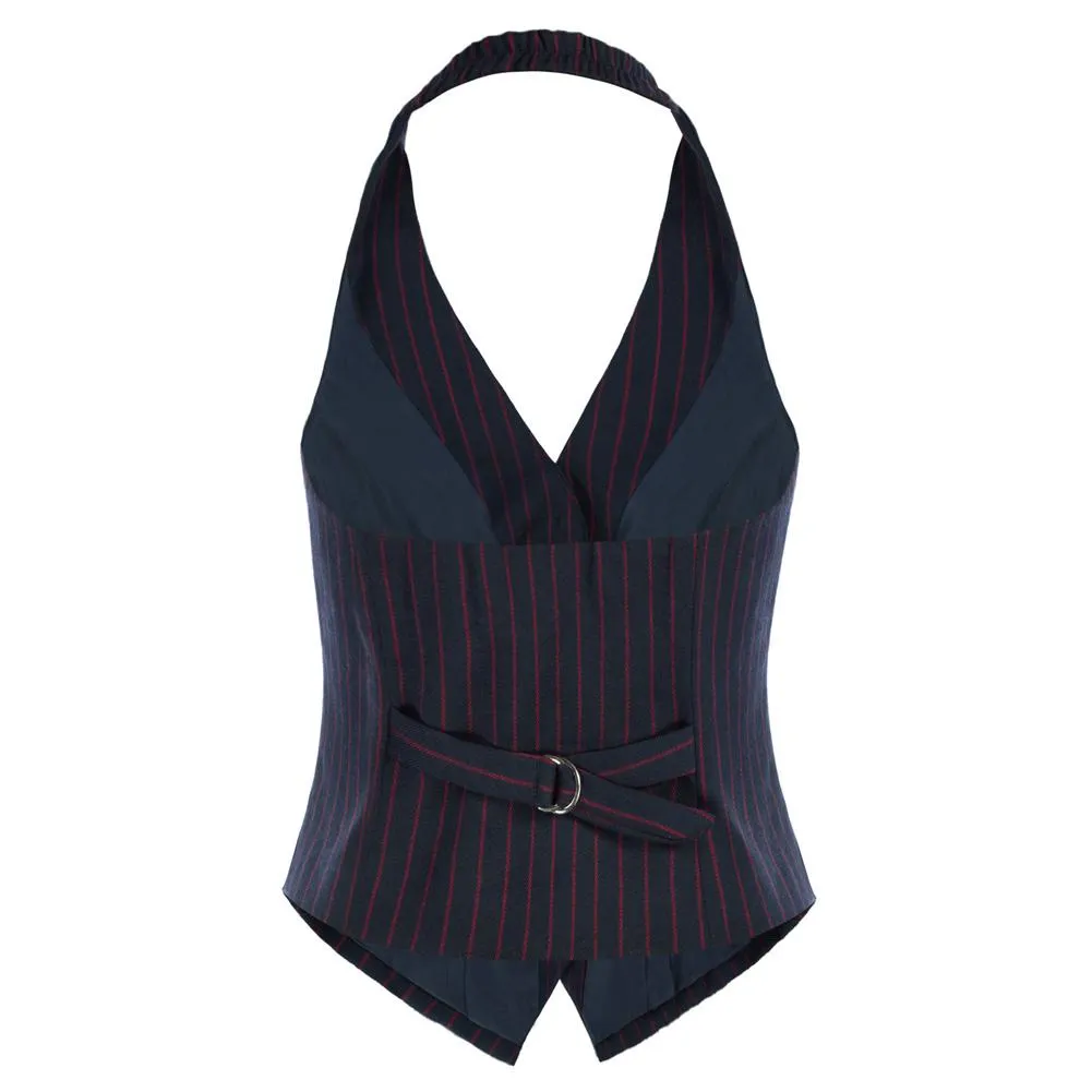 Striped V-Neck Single Breasted Handkerchief Hem Halter Backless Vest