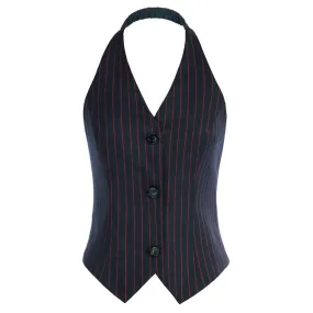 Striped V-Neck Single Breasted Handkerchief Hem Halter Backless Vest