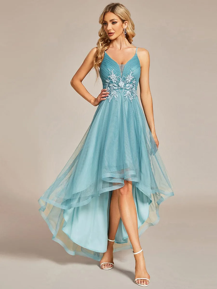 Stylish Floral Embroidered Waist High-Low Prom Dress