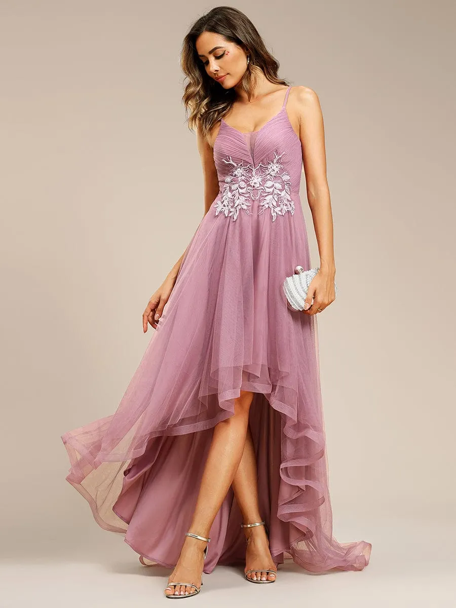 Stylish Floral Embroidered Waist High-Low Prom Dress