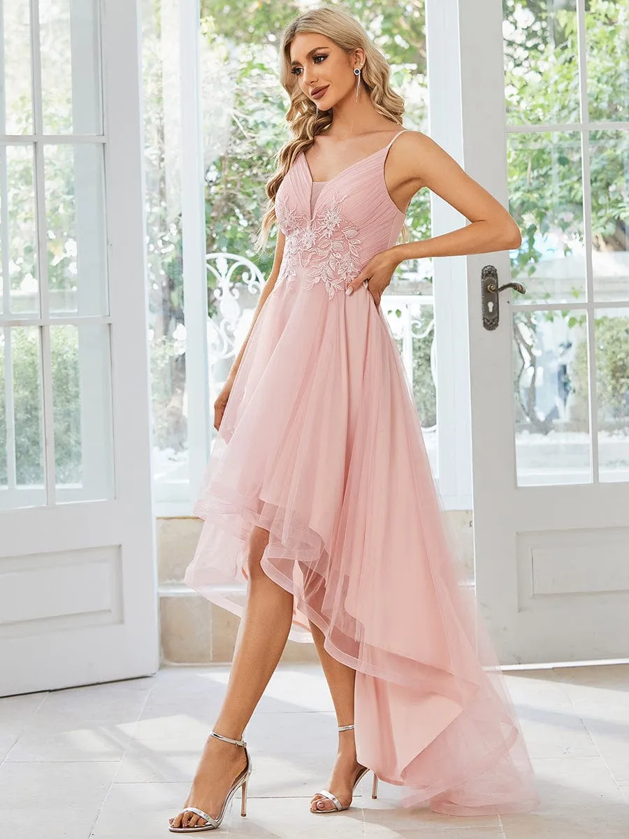 Stylish Floral Embroidered Waist High-Low Prom Dress