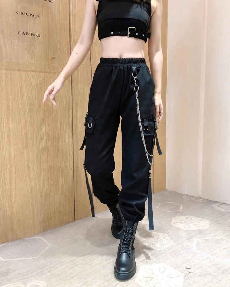 Techwear Cool Women Black Chain Cargo Pants