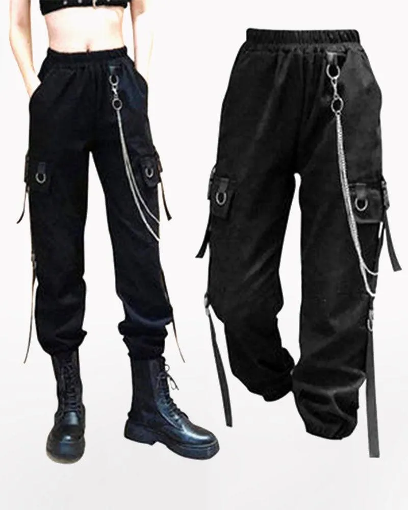 Techwear Cool Women Black Chain Cargo Pants