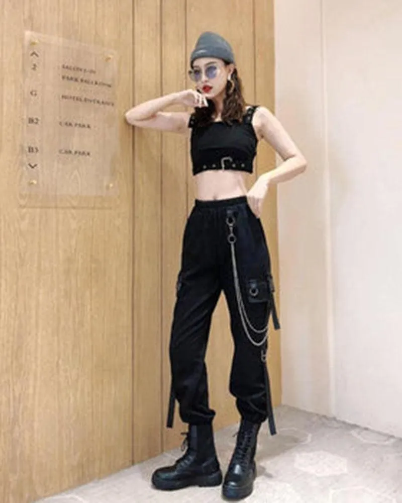 Techwear Cool Women Black Chain Cargo Pants