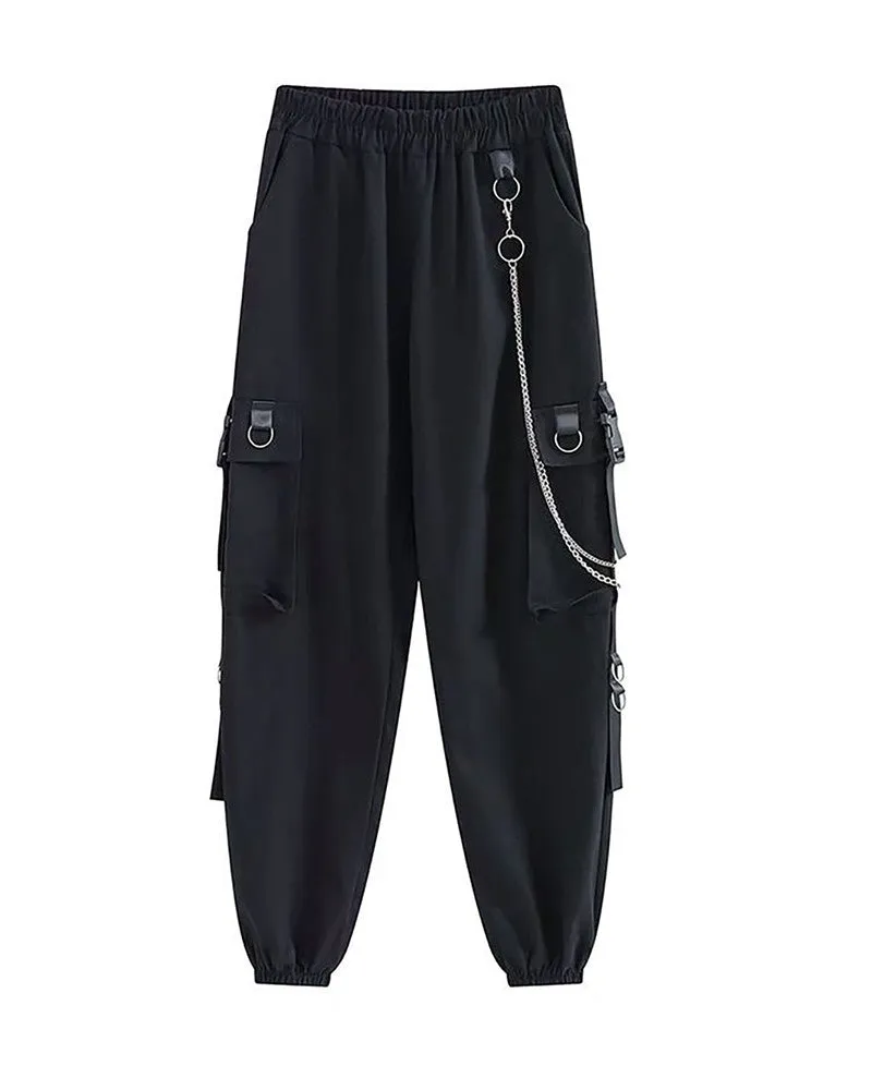 Techwear Cool Women Black Chain Cargo Pants