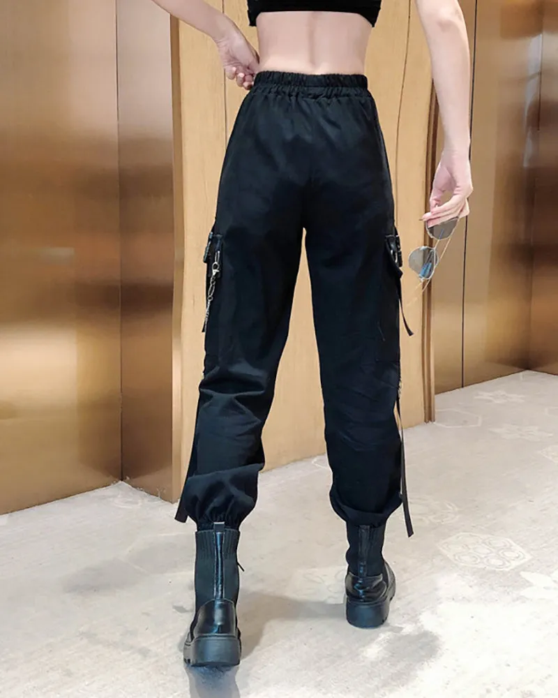 Techwear Cool Women Black Chain Cargo Pants