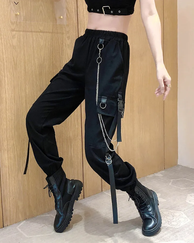 Techwear Cool Women Black Chain Cargo Pants