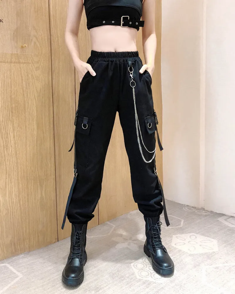 Techwear Cool Women Black Chain Cargo Pants