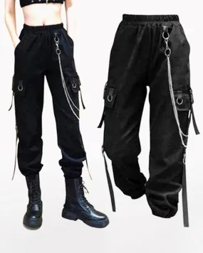 Techwear Cool Women Black Chain Cargo Pants