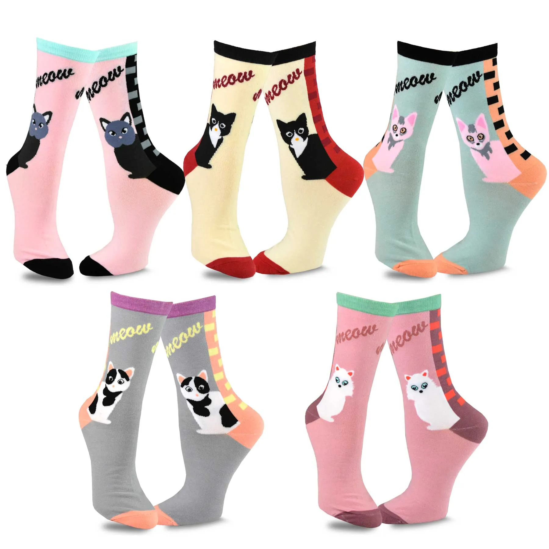 TeeHee Socks Women's Novelty Cotton Crew Cat Meow 5-Pack (11990)