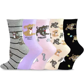 TeeHee Socks Women's Novelty Cotton Crew Dog Face 5-Pack (11995)