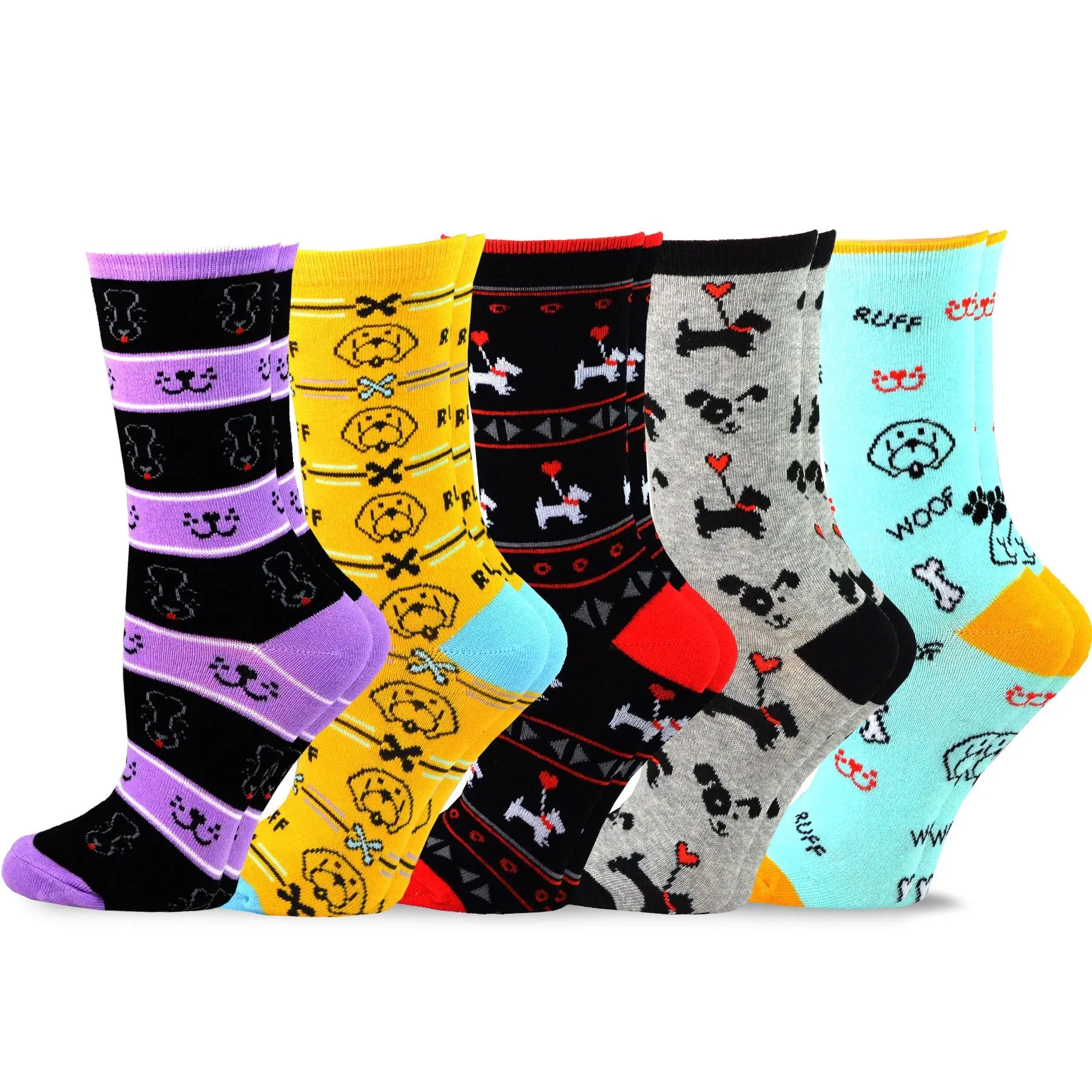 TeeHee Socks Women's Novelty Cotton Crew Happy Dog 5-Pack (11994)