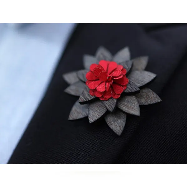 Vintage Wood & Red Flower Lapel